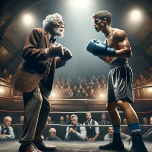picture of a boxing ring with an aging boxer facing a young fighter in top condition.