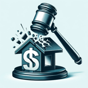 Image of a house with a dollar sign on the face representing realtor commissions with a large gavel beginning to smash the house and dollar sign