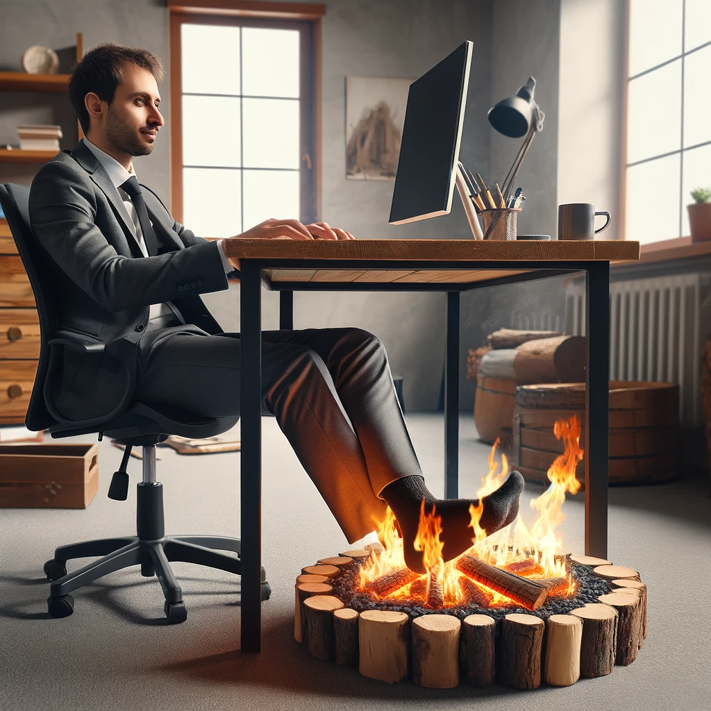Picture of a man working on his computer at a desk in Ohio with a campfire under the desk as he warms his feet.